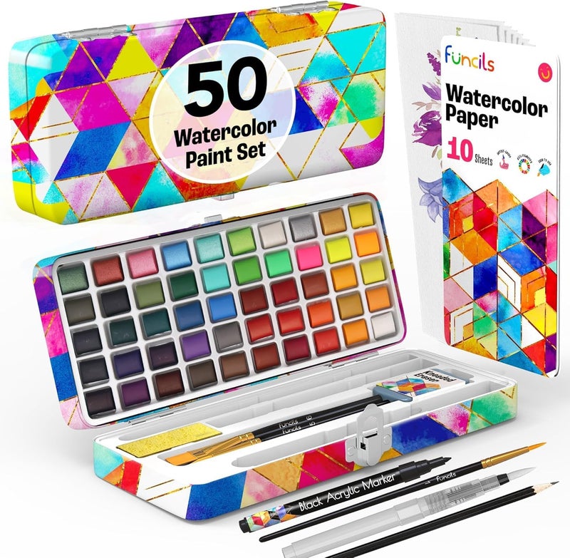 Funcils Watercolor Paint Set - 50 Travel Watercolors Set - Water Colors Paint for Adult, Beginners, Professional Artists | Watercolor Palette with Paper, Brush, Pen | Art Supplies for Adults - Image 1